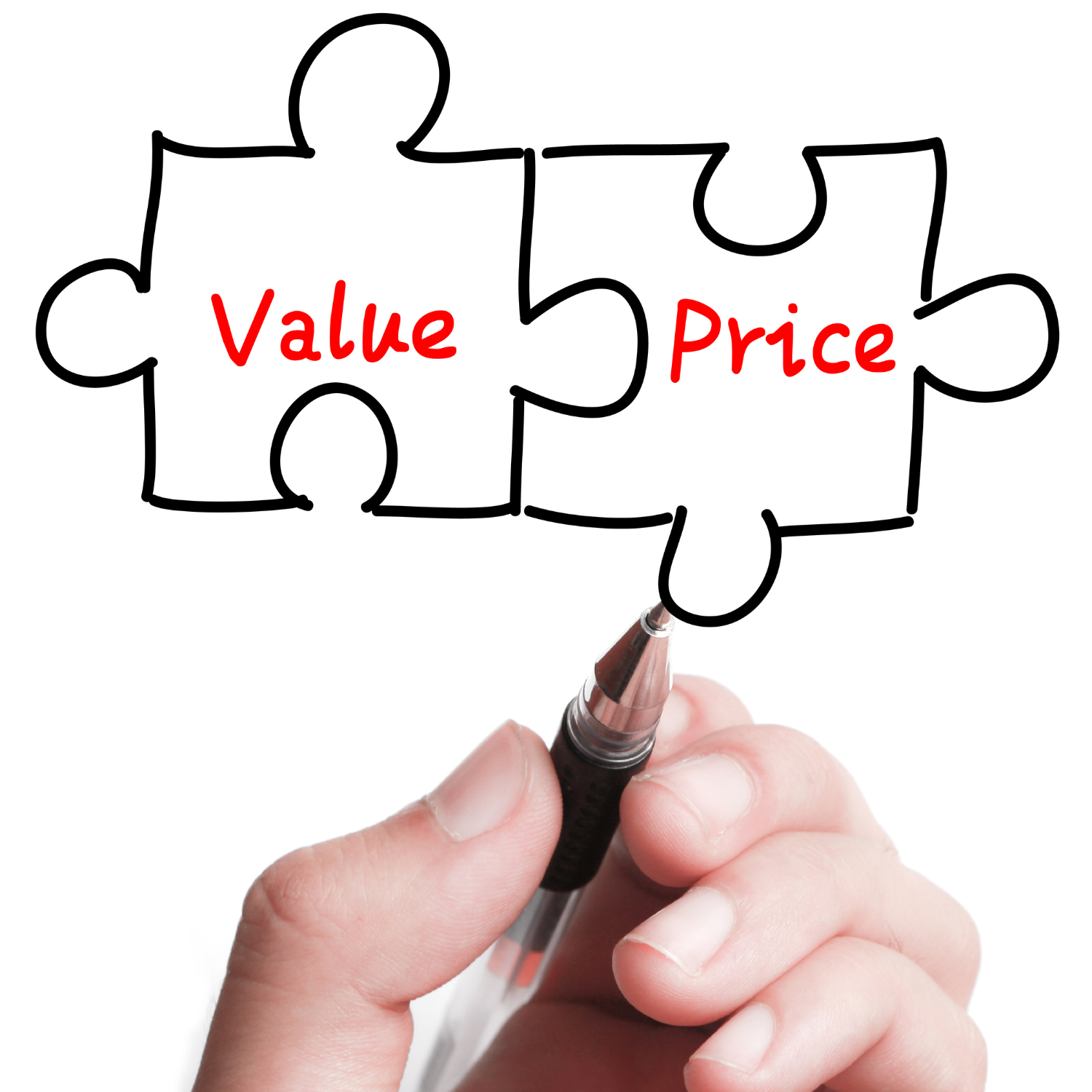 Puzzle pieces fit together with "Value" written on the left piece and "Price" written on the right with a hand drawing the image.