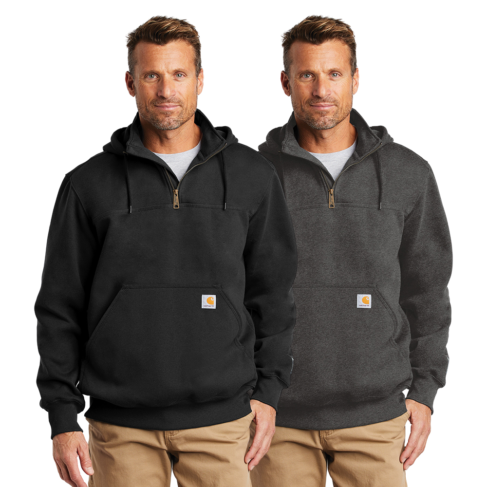 A Carhartt jacket shown in black and gray on a male model
