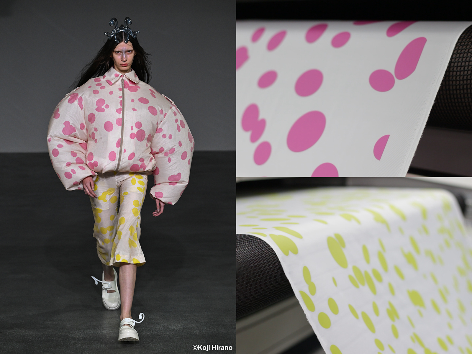 Polka dot printed fabric and woman wearing polka dota printed jacked and pants walking down a runaway