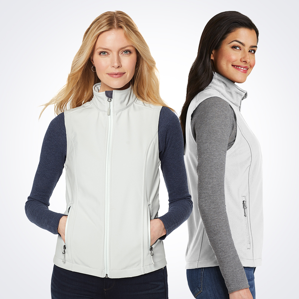 A white logoed vest worn by female models