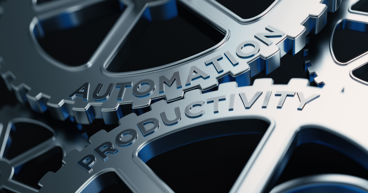 Gears with the words "Automation" and "Productivity" engraved on them