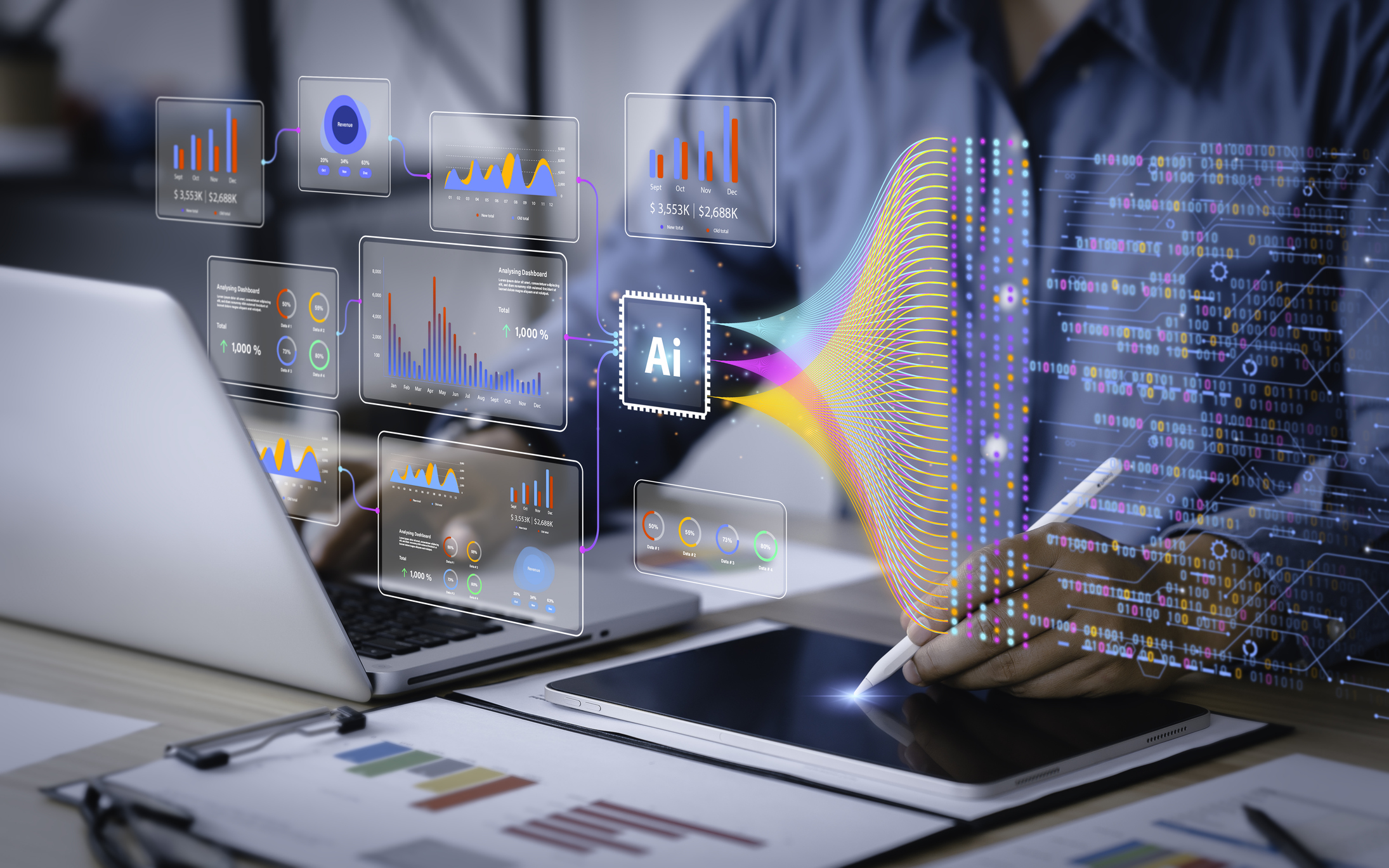 A person using a computer with see-through graphics featuring the test "AI"