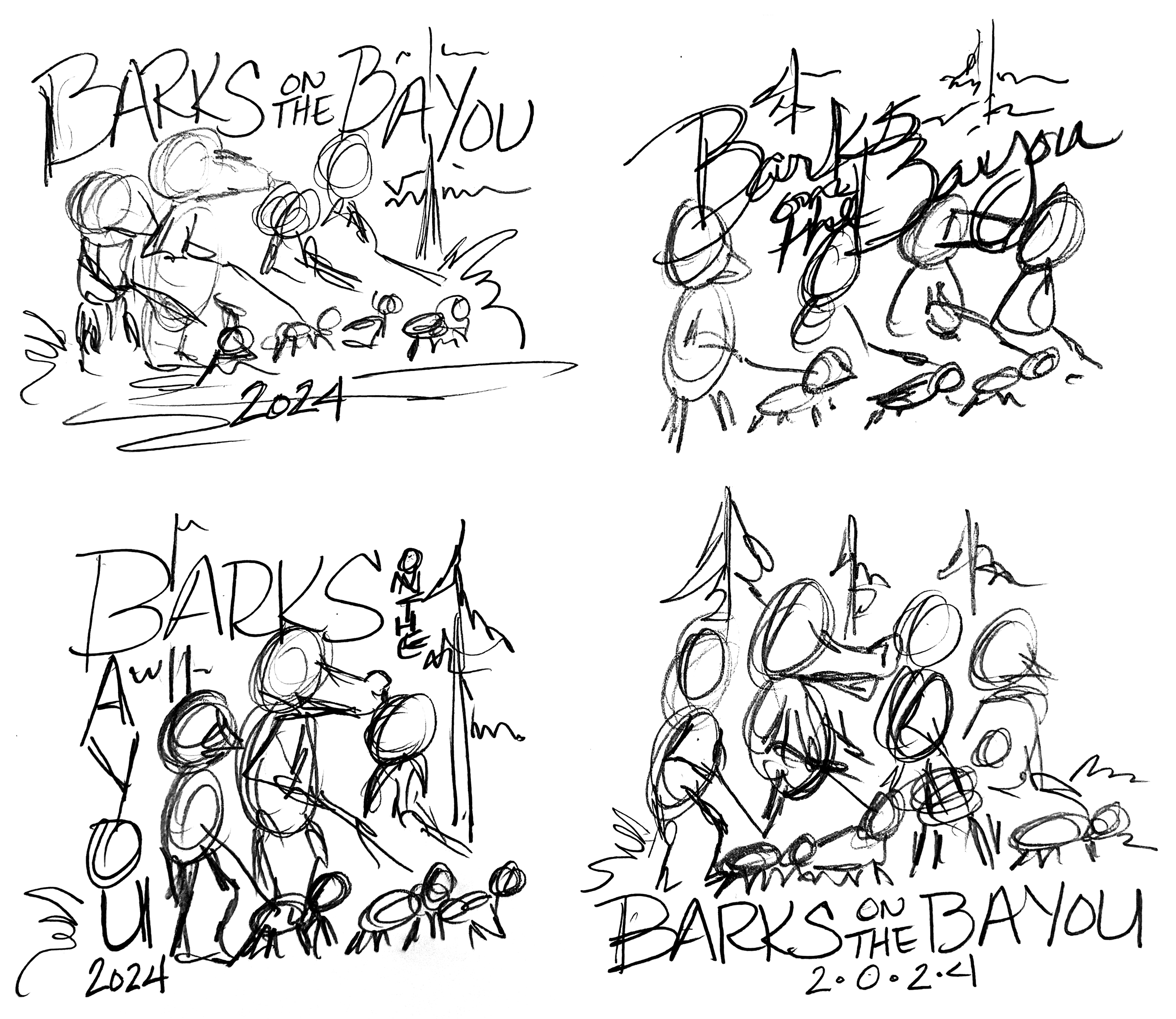 Four rough pencil sketches of designs featuring trees and animals