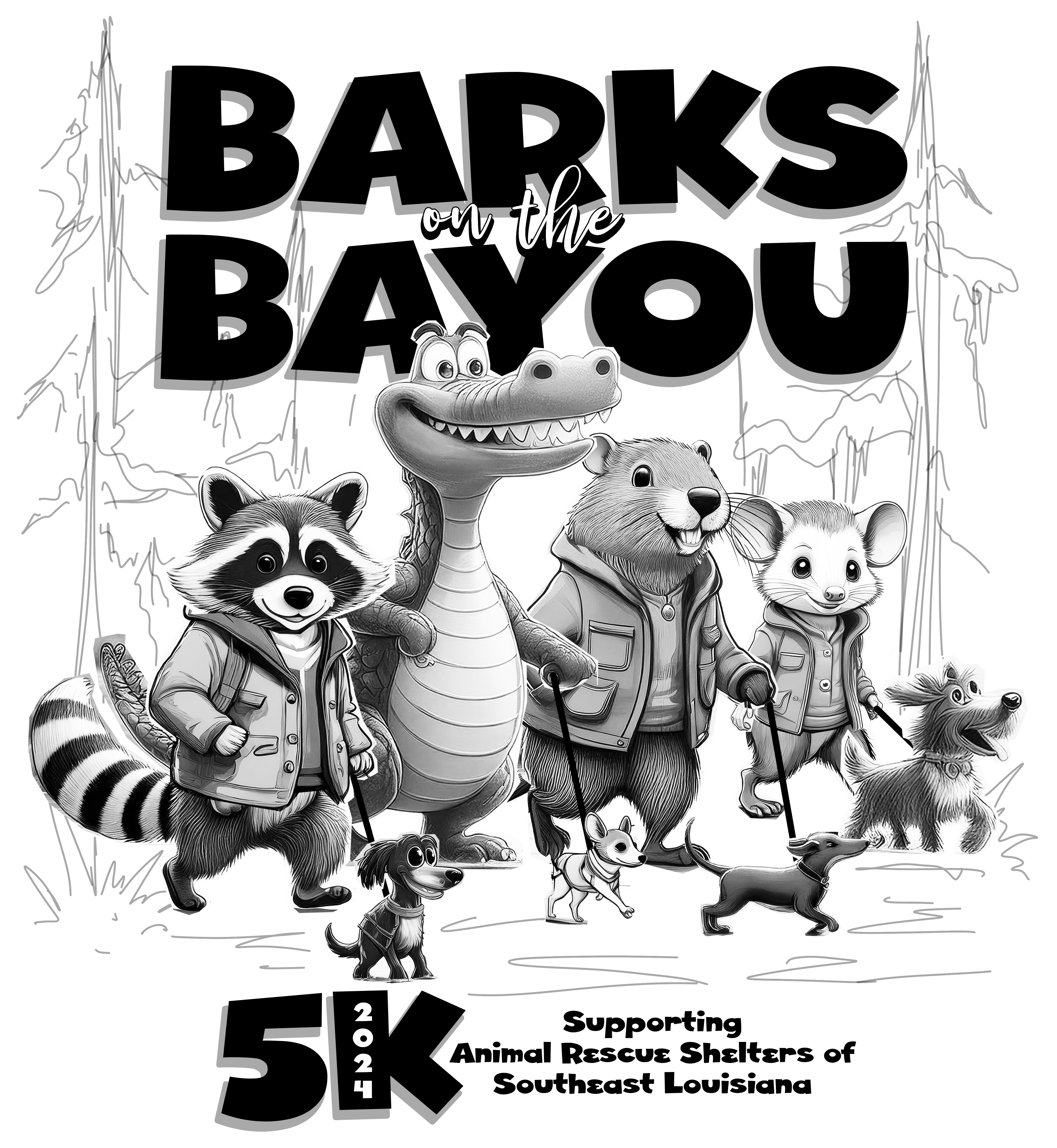 A final design with text that says, "Barks on the Bayou" featuring cartoon animals