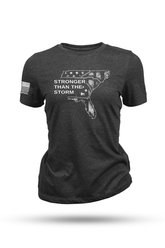 Black T-shirt that reads," Stronger Than the Storm."