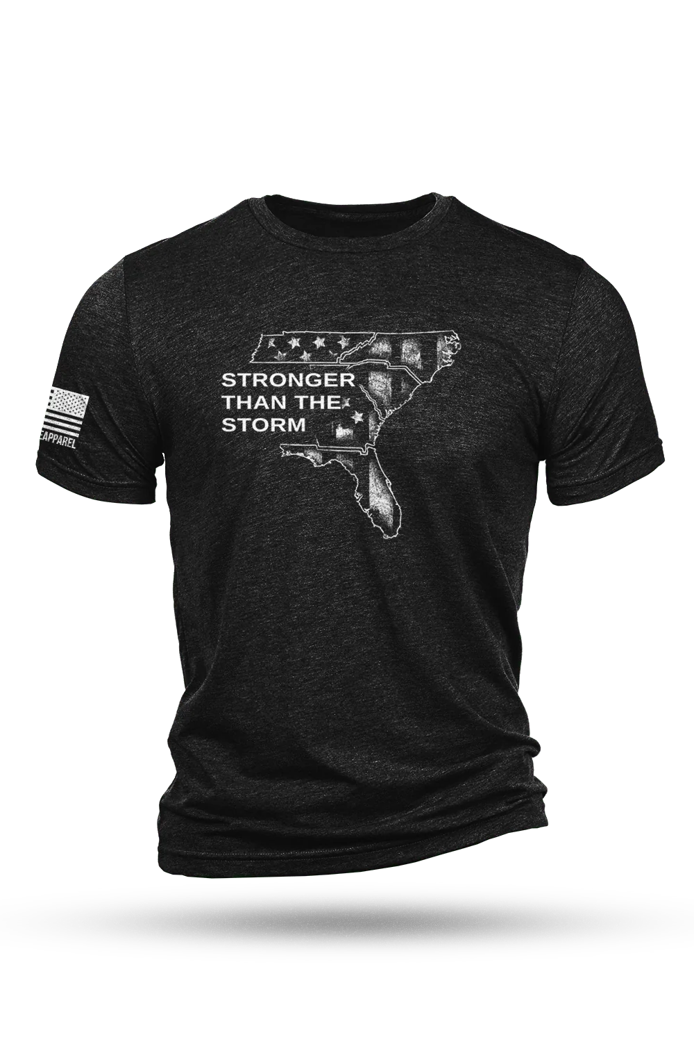 Black T-shirt that reads," Stronger Than the Storm."