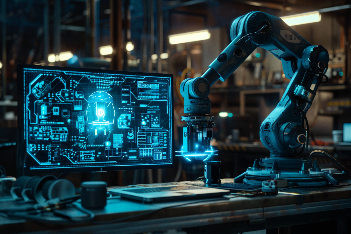 An AI image of a robotic arm interfacing with a large monitor