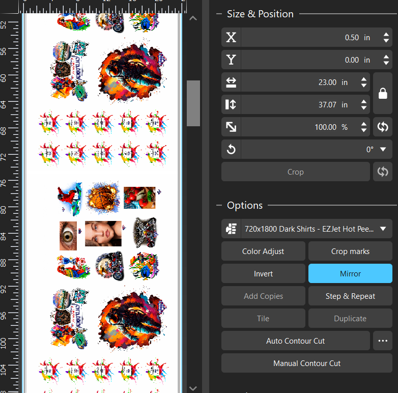 A screen shot of artwork loaded into a Cadlink system with the dropdown tool menu