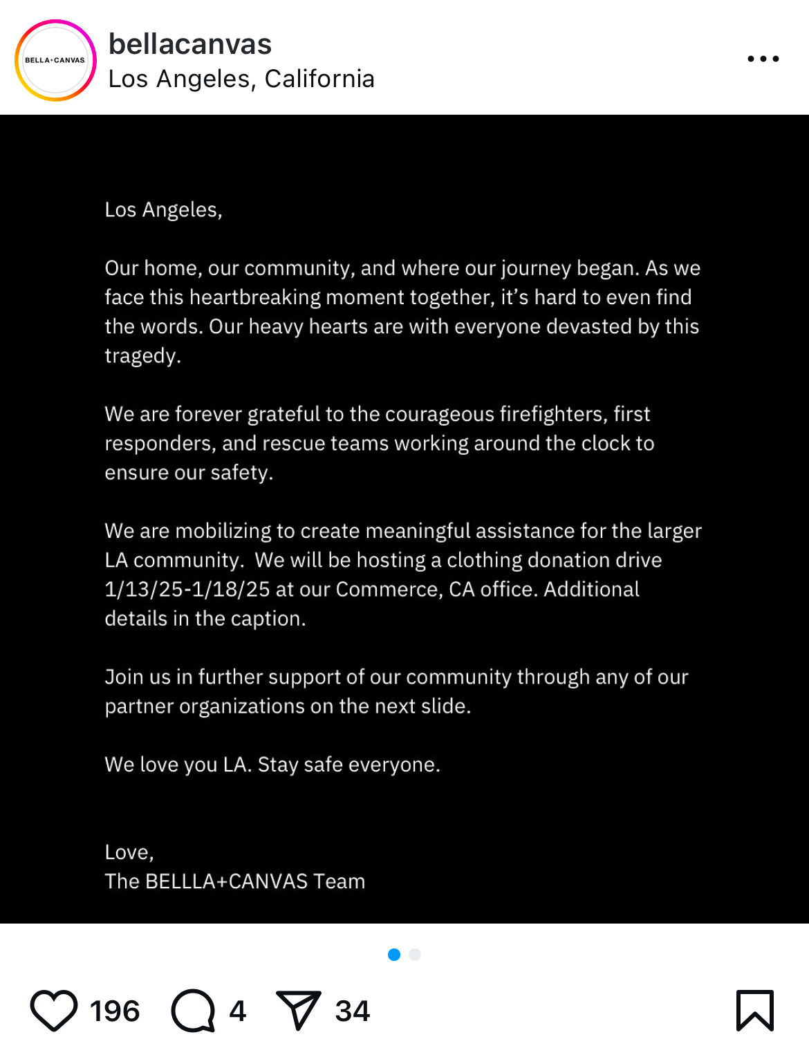 Instagram post from Bella Canvas about LA fire support