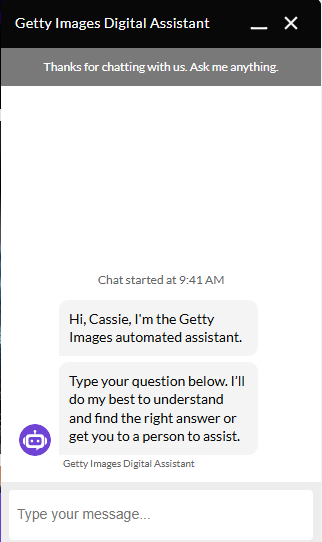 A screenshot of a chatbot customer service assistant