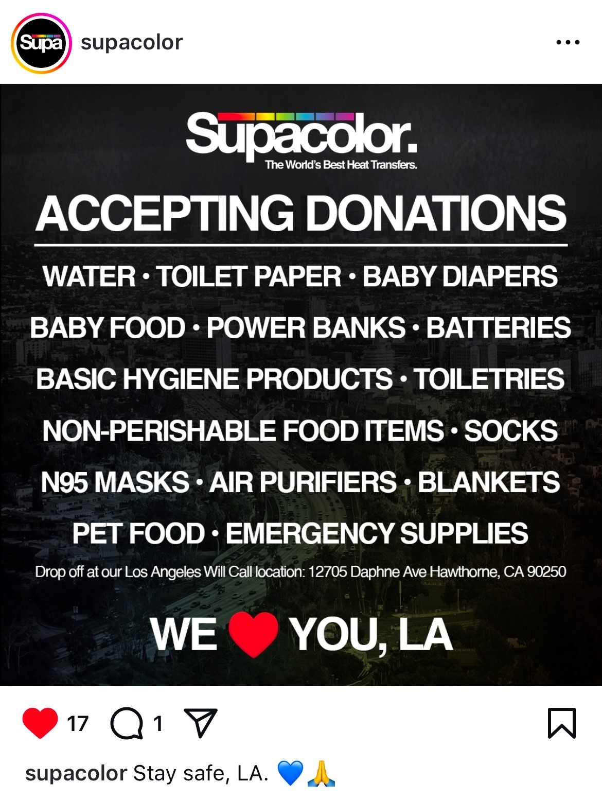Instagram from Supacolor about apparel donations