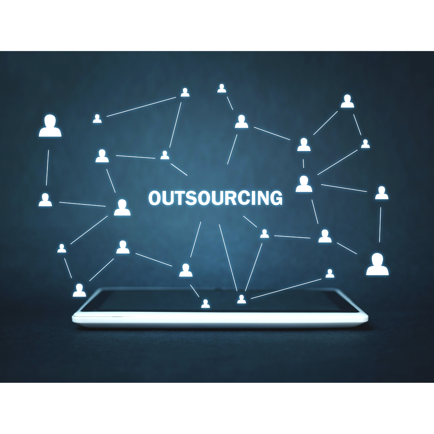 A graphic of nonbinary headshots with the word Outsourcing in the center