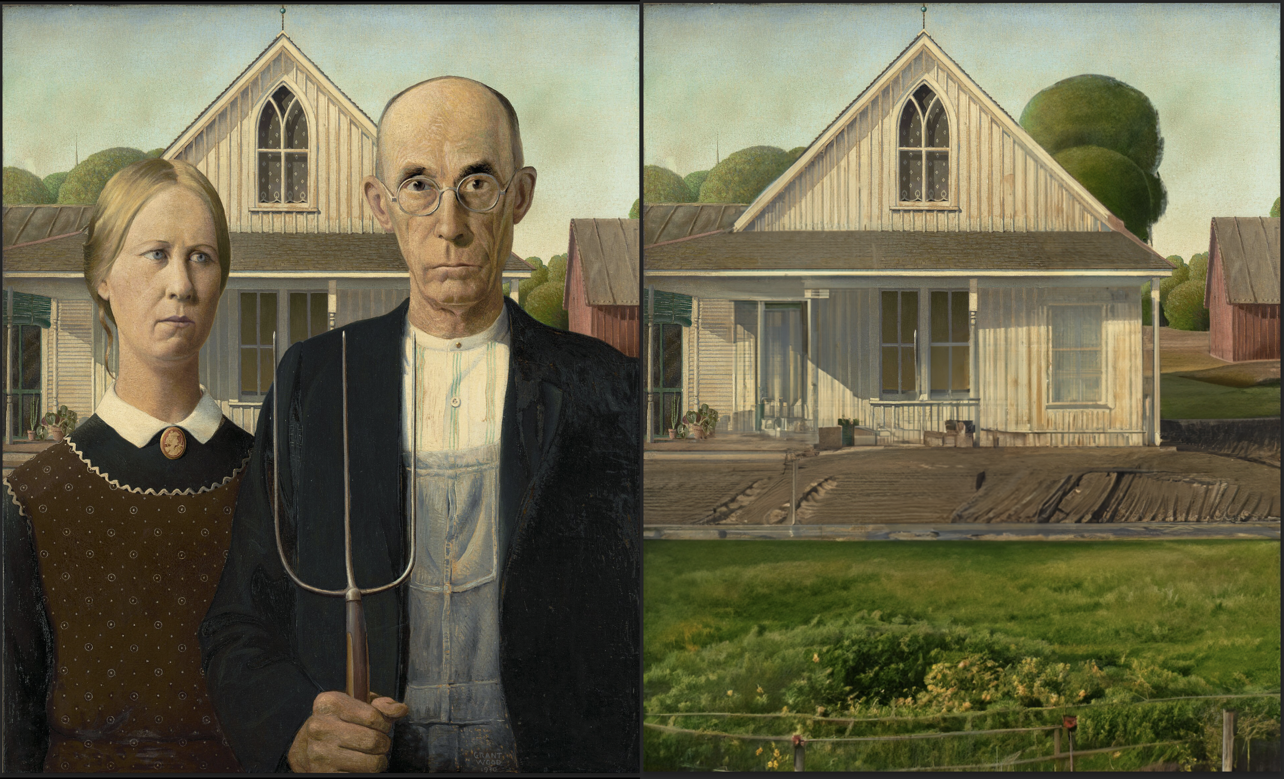 A comparison of the famous gothic farmer image with people removed on the right