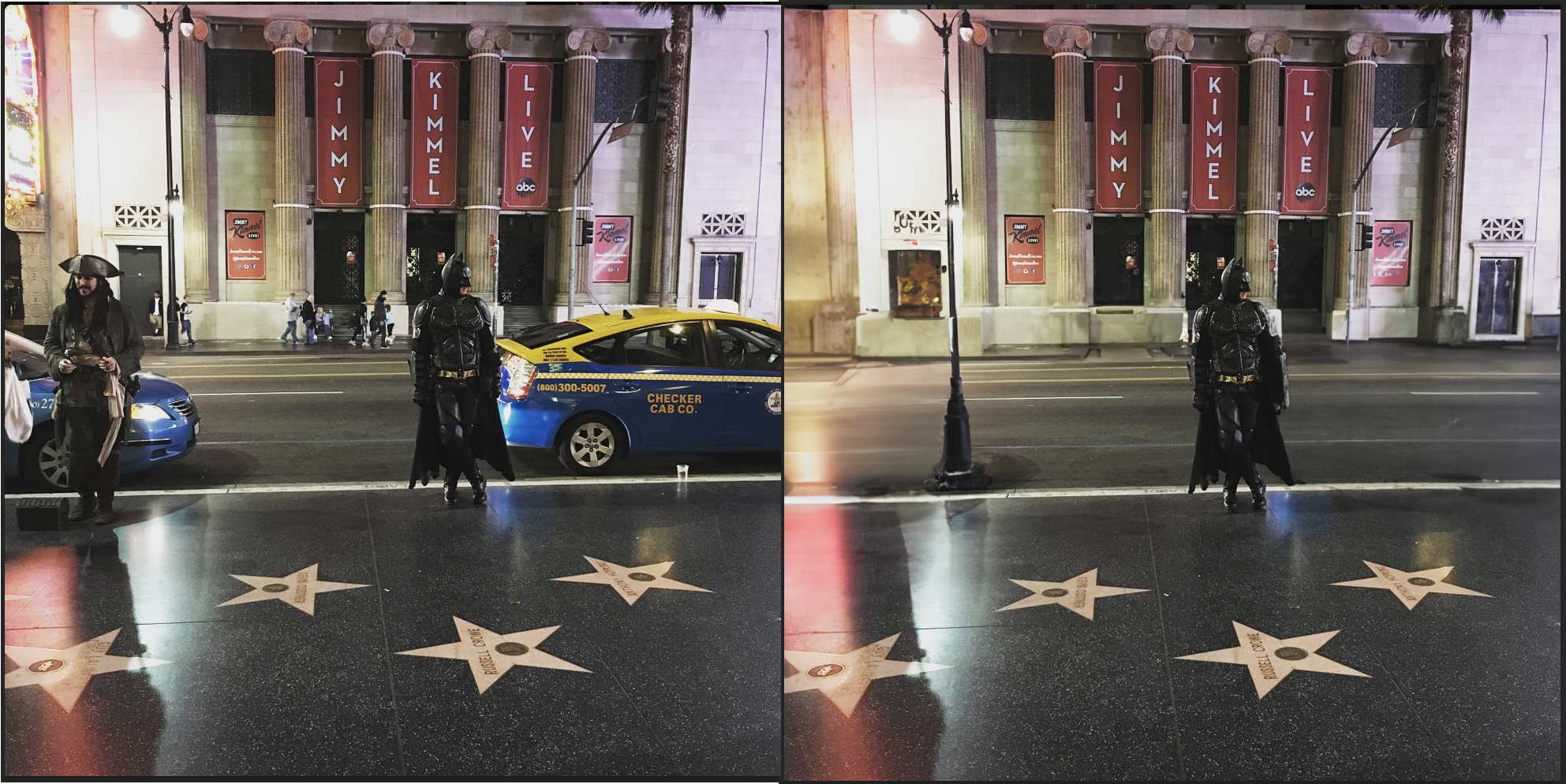 An AI image of Hollywood stars with famous movie characters Batman and Jack Sparrow