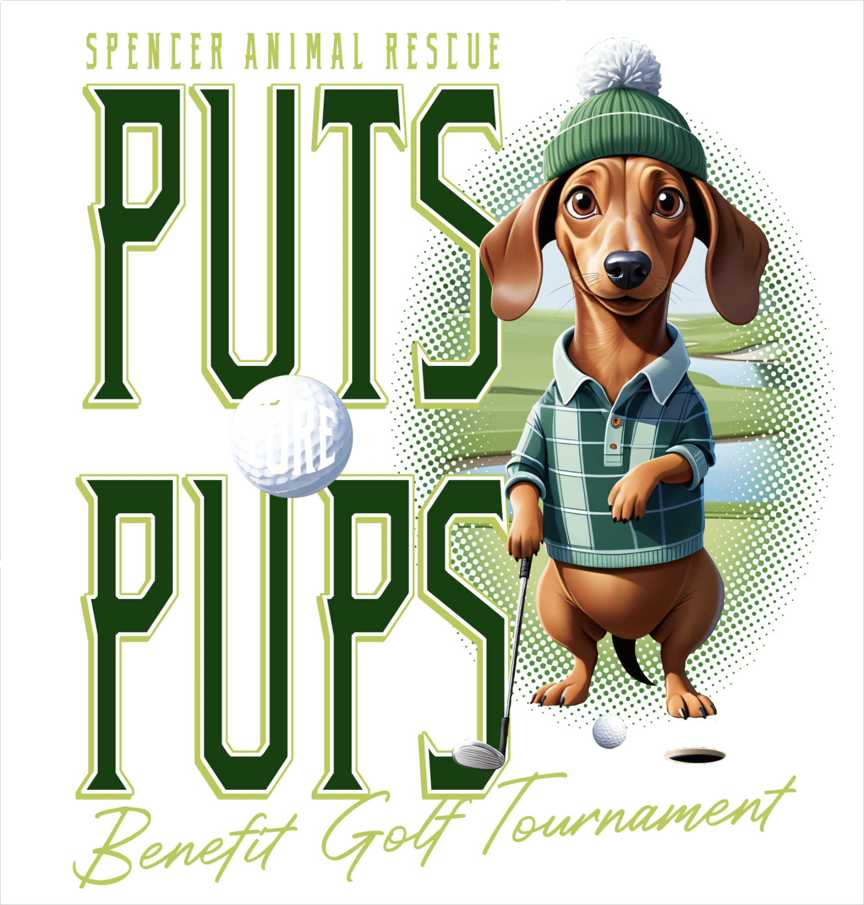 dog holding a golf club with text that reads, "Puts and Pups"
