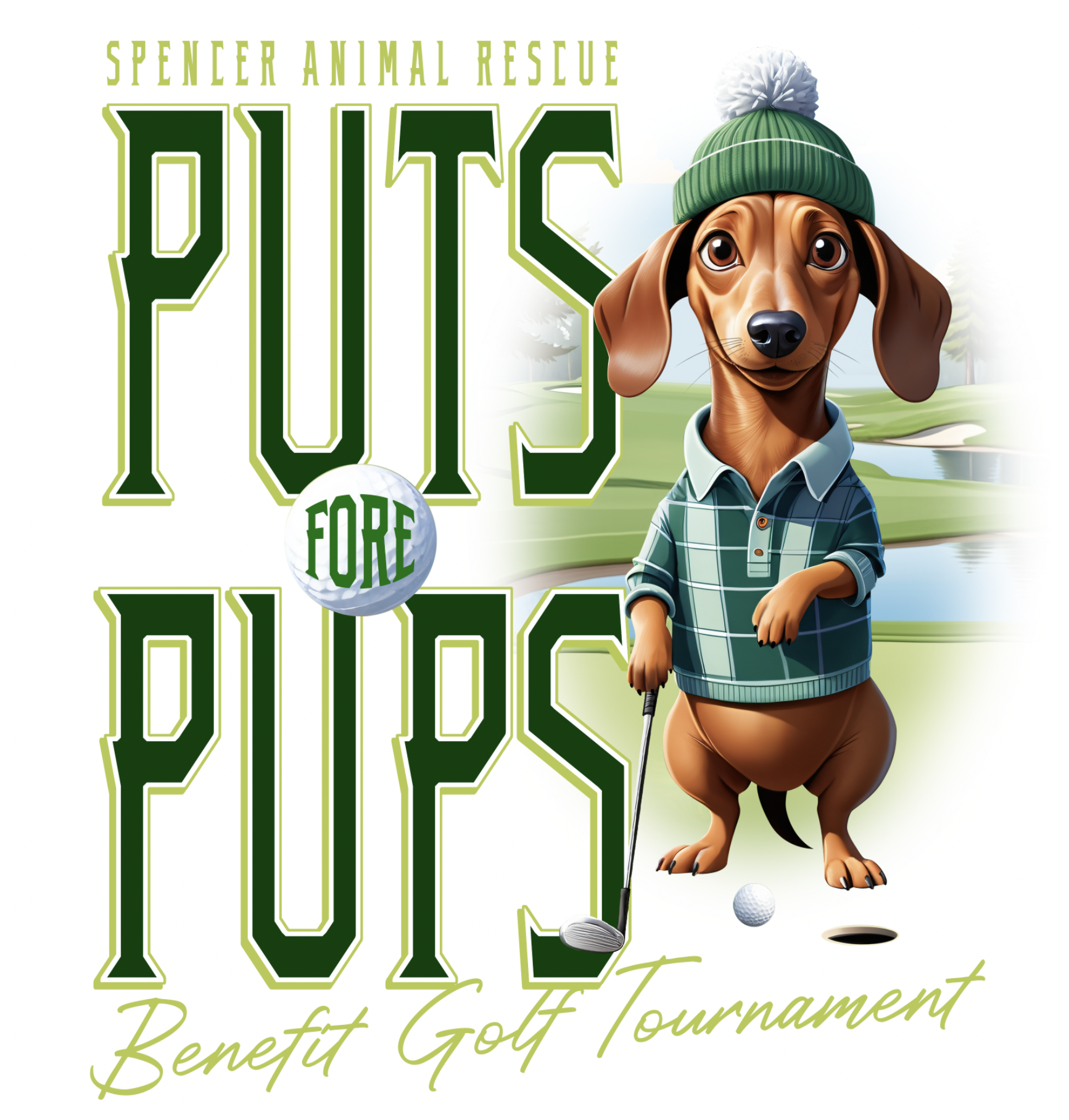 dog holding a golf club with text that reads, "Puts and Pups"