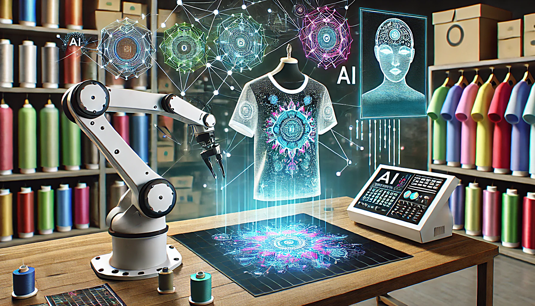A robotic arm hovering over a digital panel with a T-shirt in the background