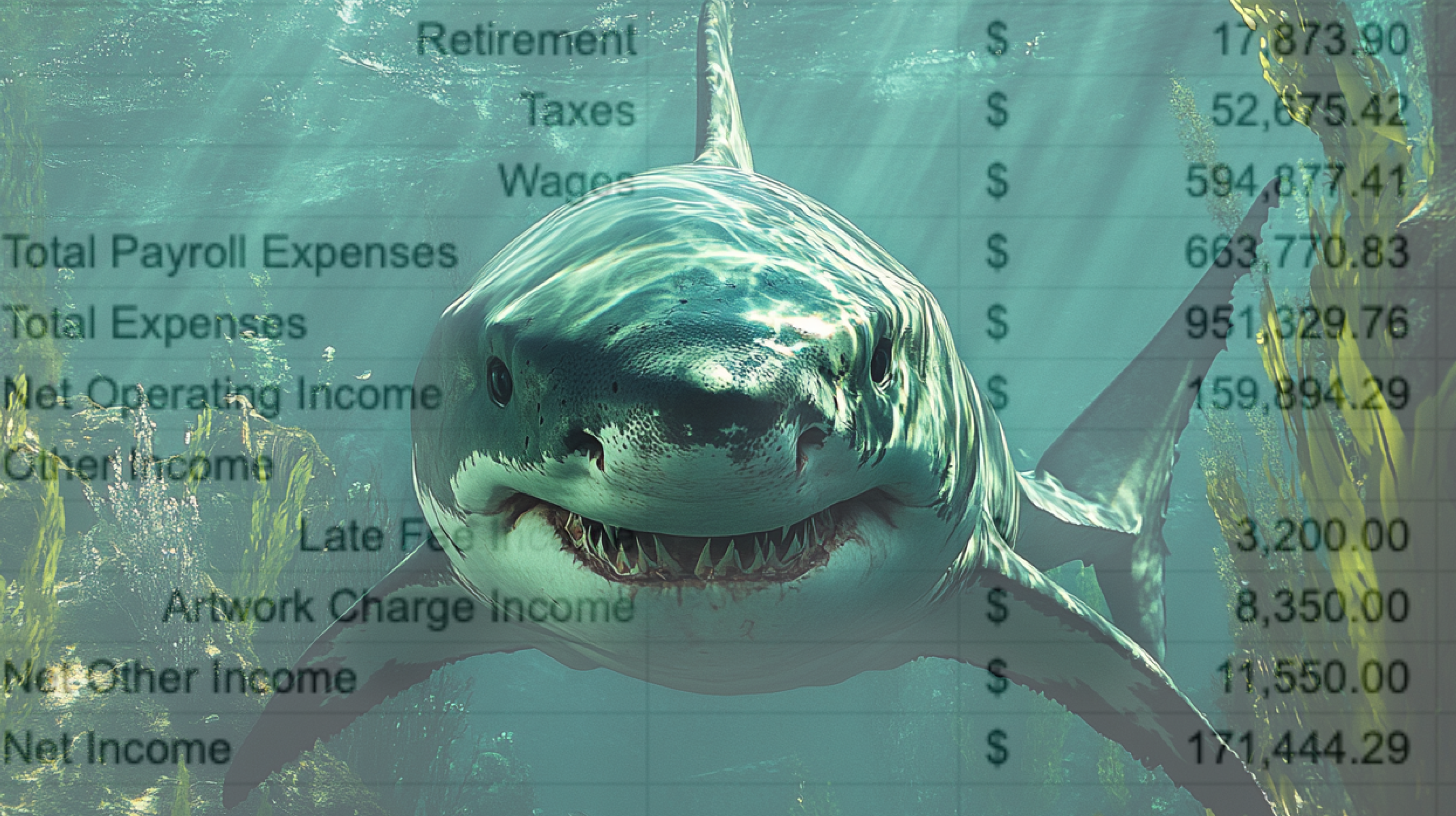 An AI-generate image of a shark with P&L text overlaid