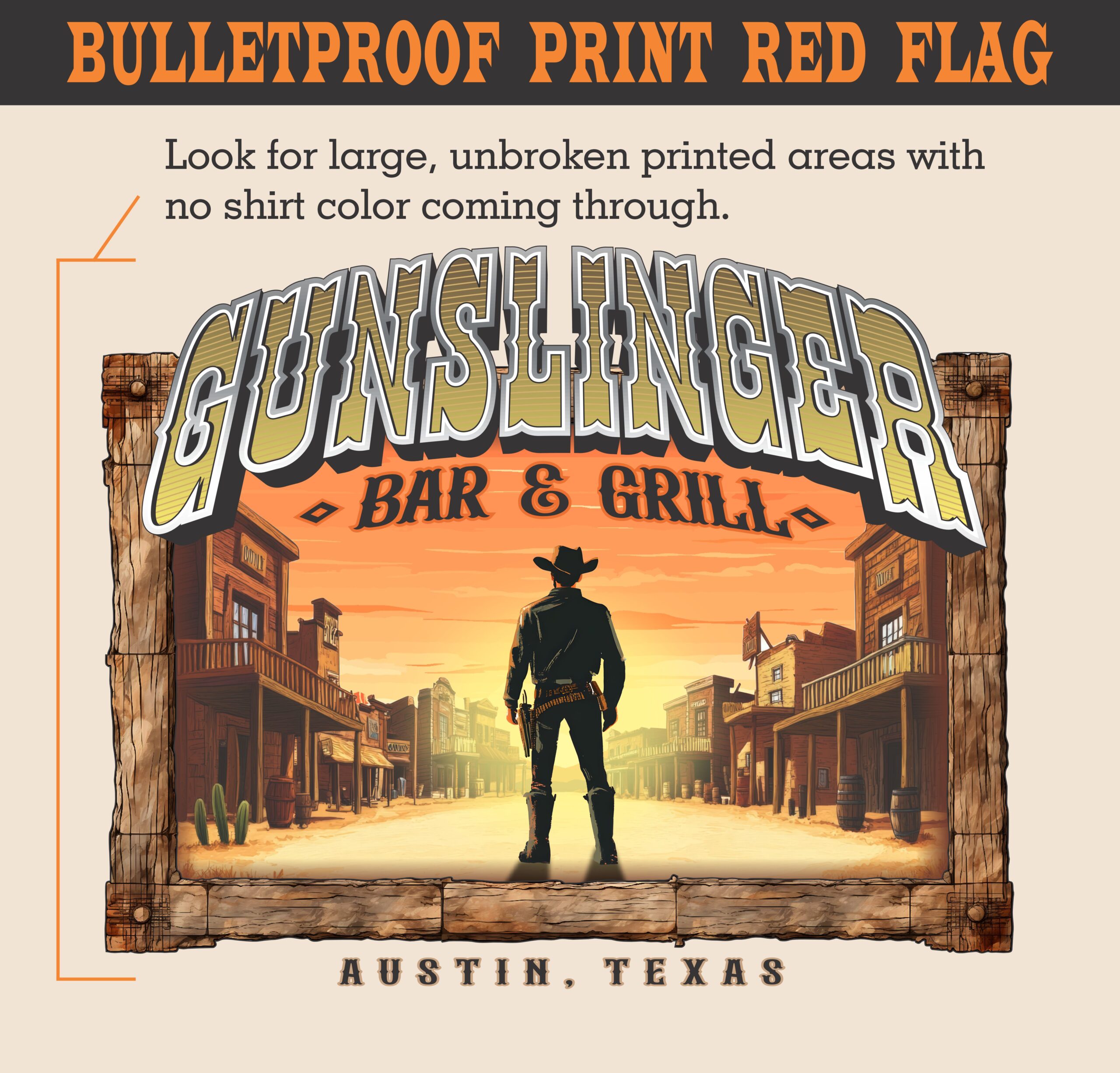 A sample of how to check for red flags of a heavy print in a design, image is of a cowboy outline with text