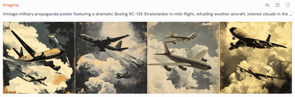 4 AI-generated images featuring WW II bomber planes and propaganda language