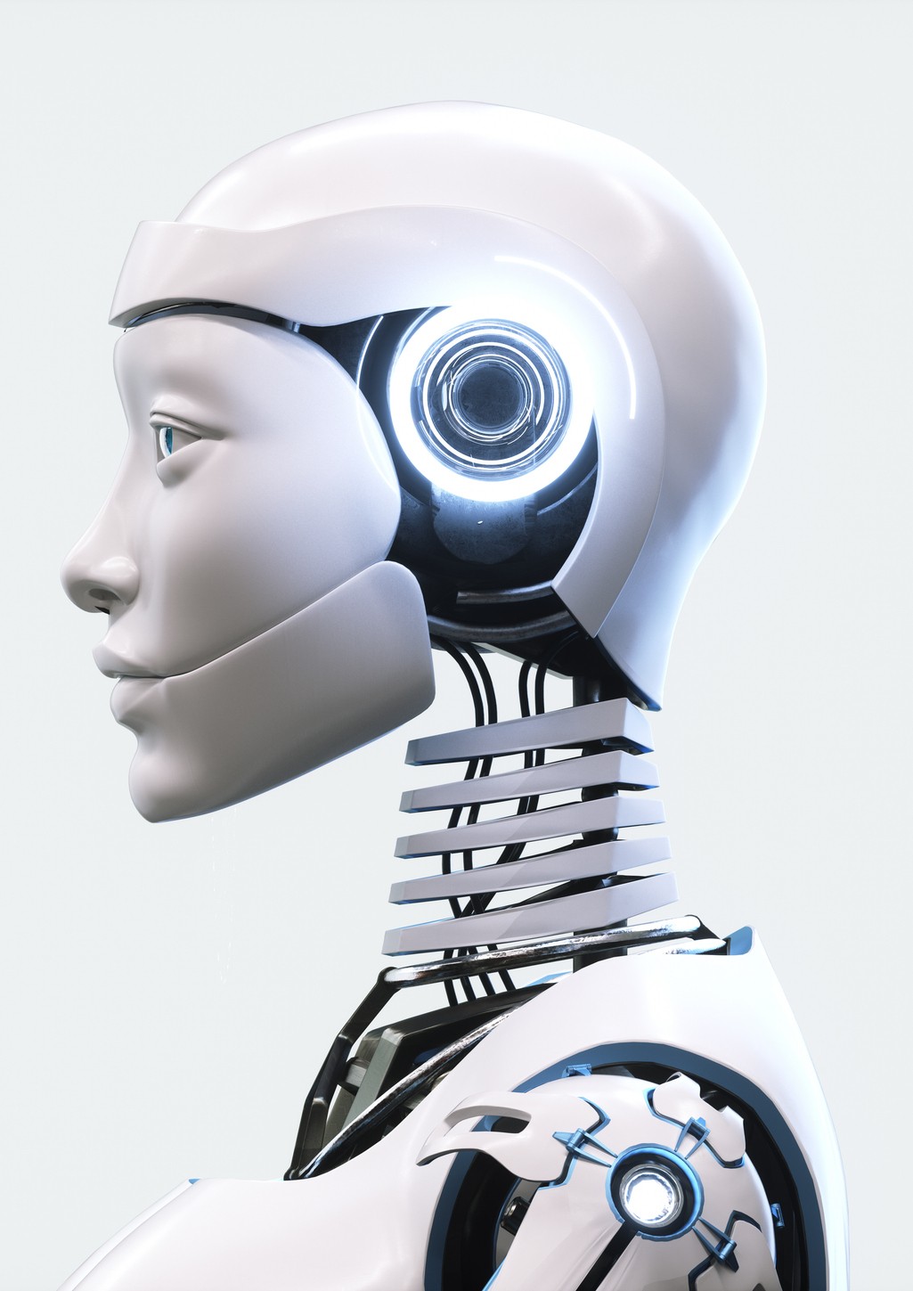 A profile view of a white and black robot facing left