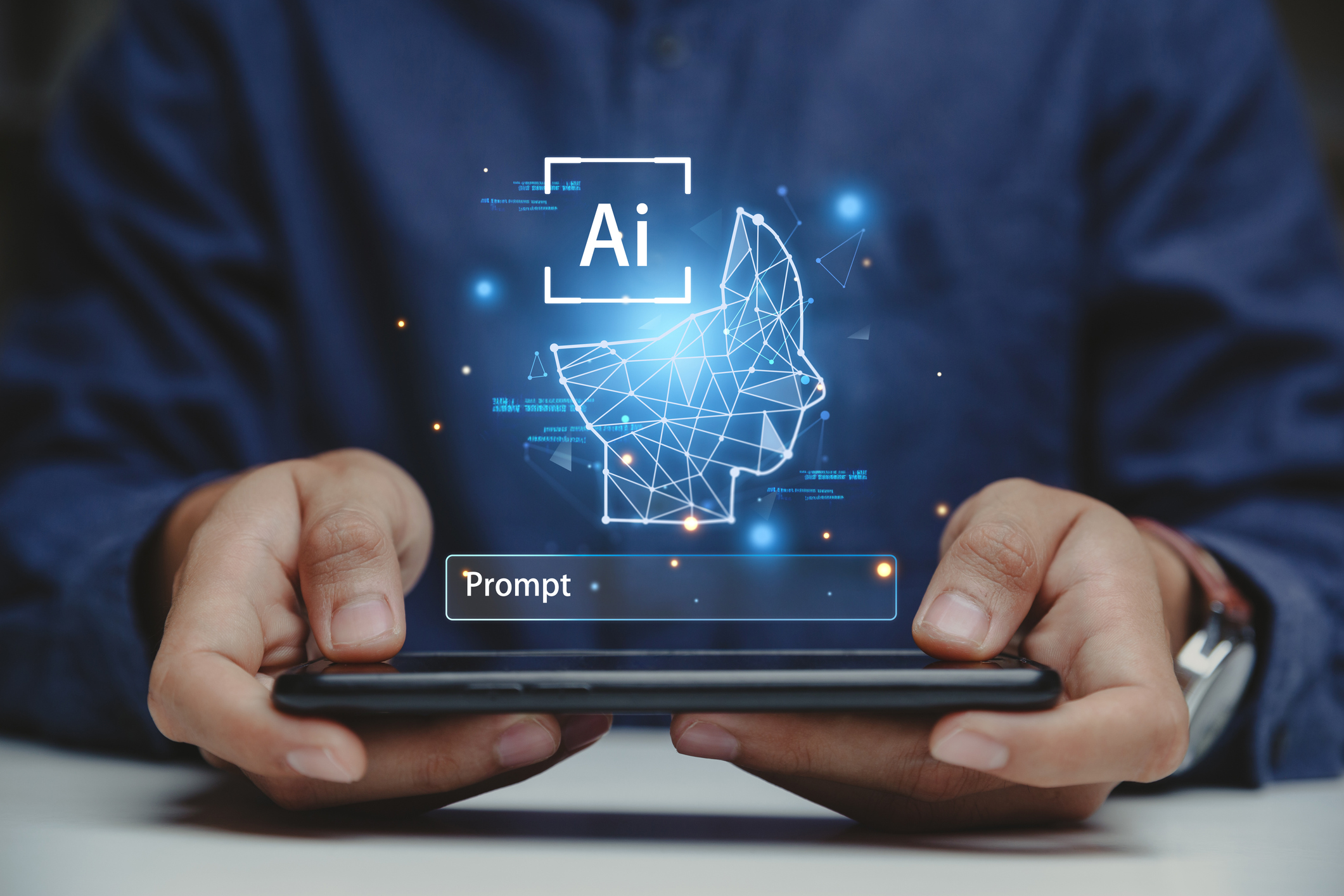 A person wearing a blue shirt holding a tablet with an added AI text graphic