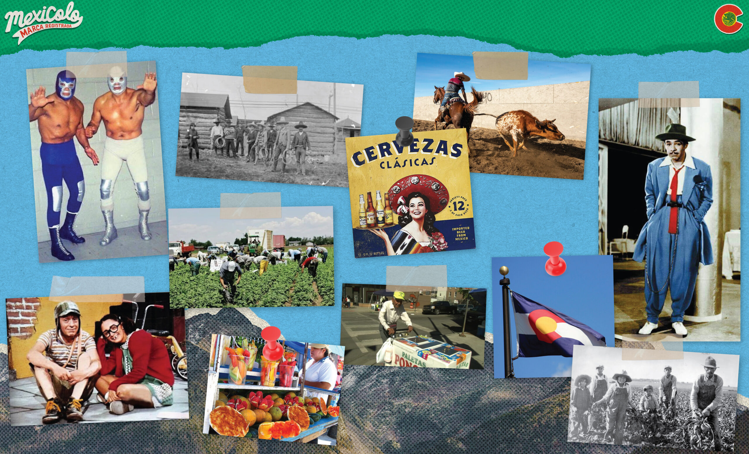 A pitch deck of Cinco de Mayo paraphernalia featuring old pictures, historical images, and culture references 