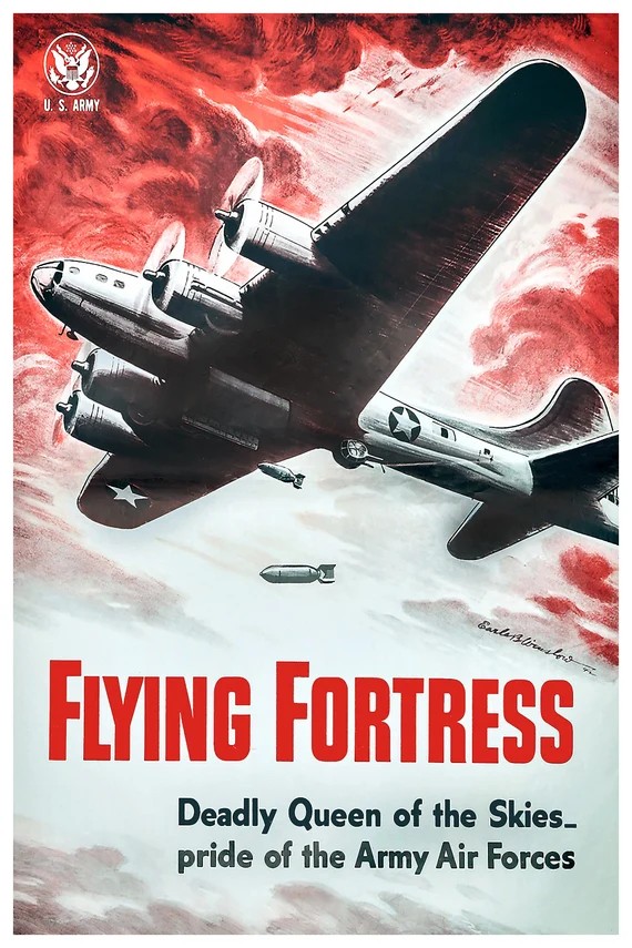 A WW II propaganda poster featuring a bomber plane with red background