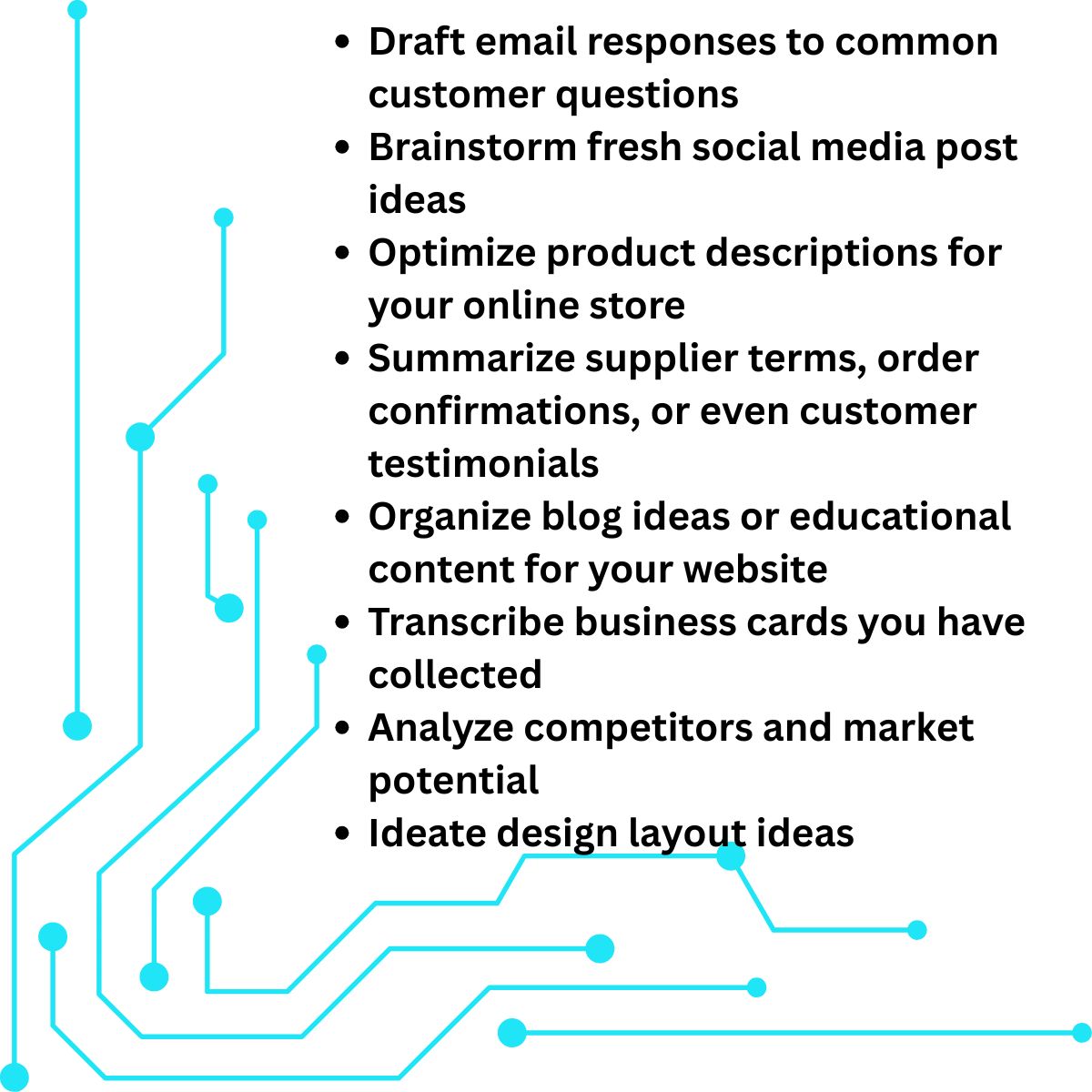 Bullet point list on white background with blue lines