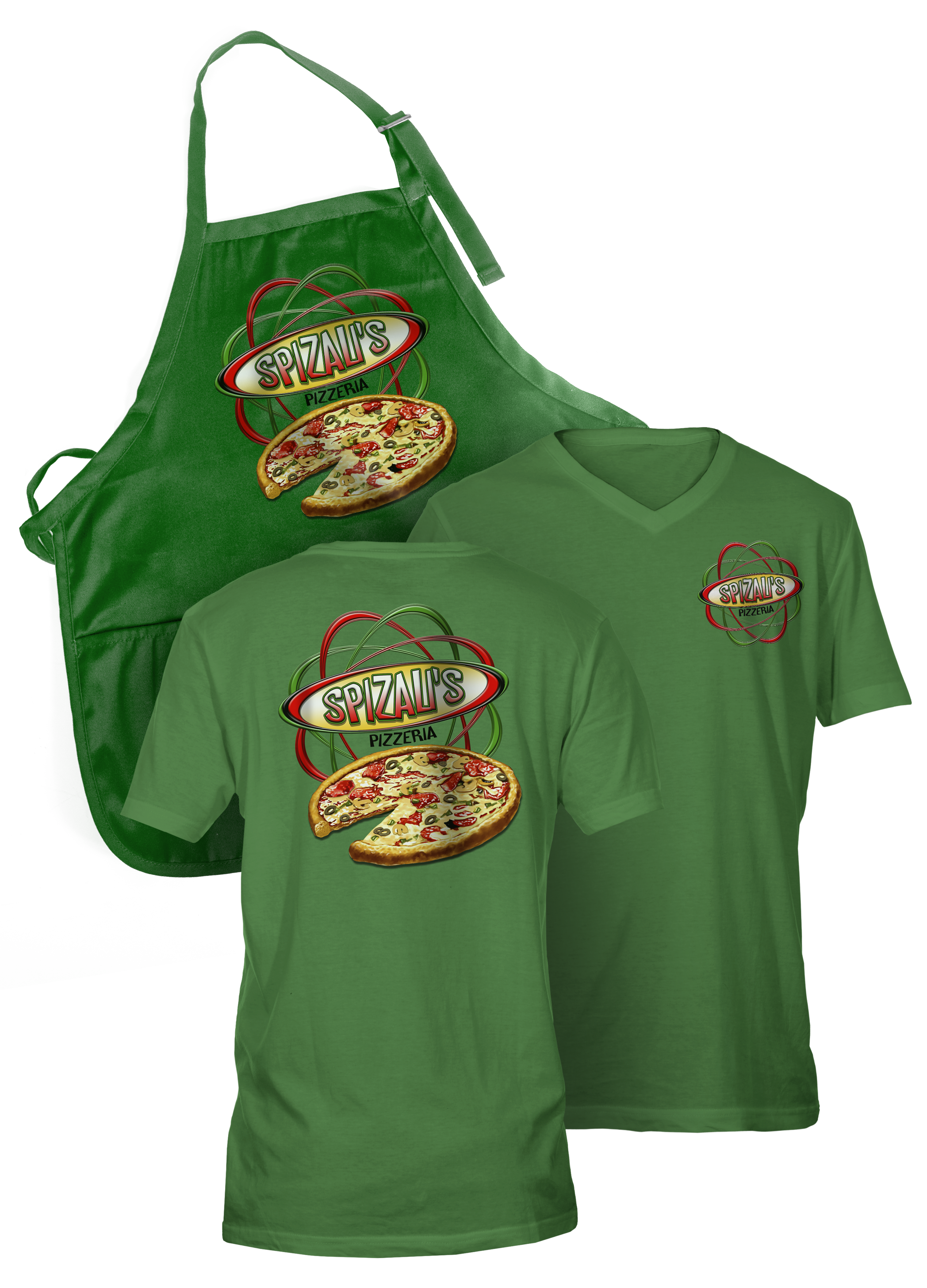 A green apron and two green T-shirts with a pizz business logo