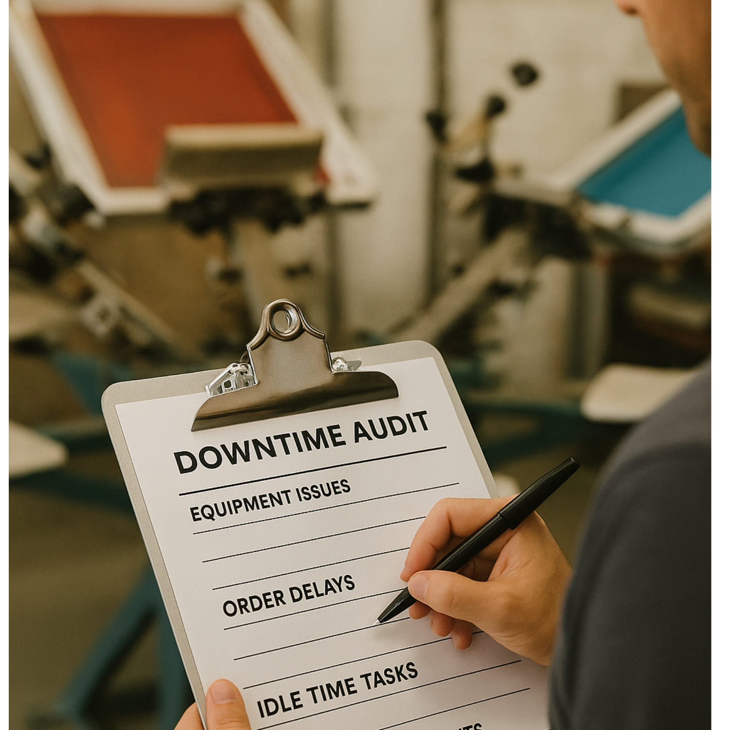 A person holding a clipboard with a paper that reads "Downtime Audit"