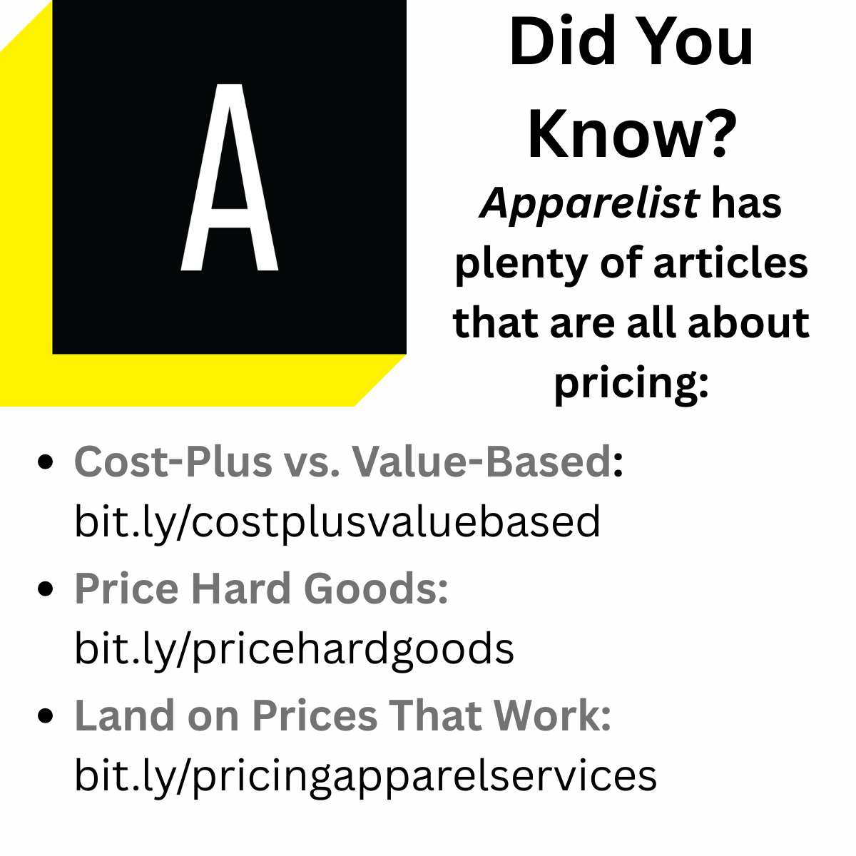 Apparelist logo grpahic featuring links to pricing articles