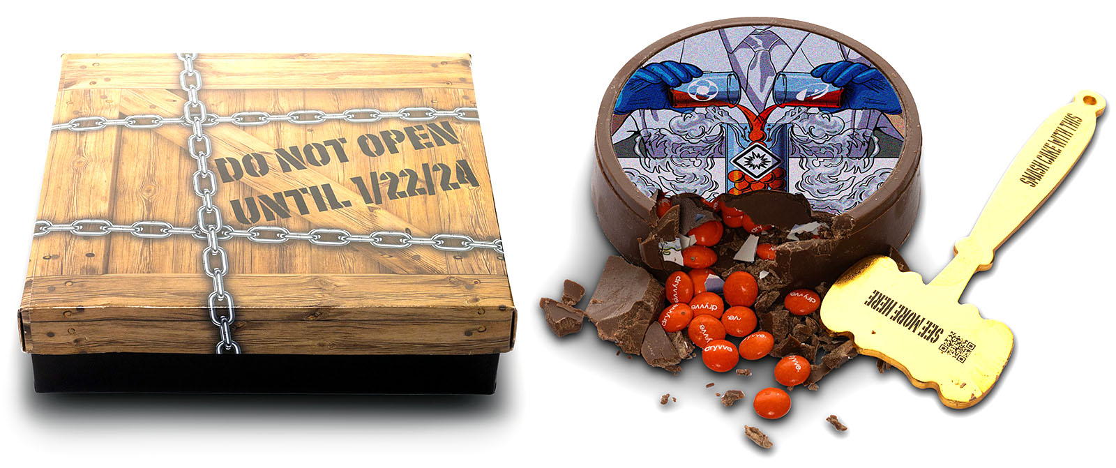 A package with a breakable chocolate cake next to it and a gold hammer
