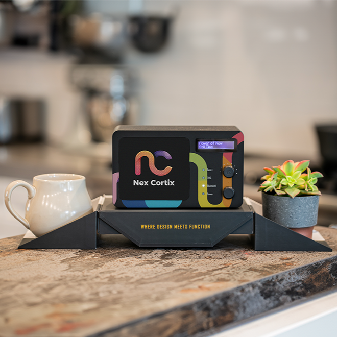 A wireless speaker sitting on top of a repurposed black box that also hold a plant and a mug