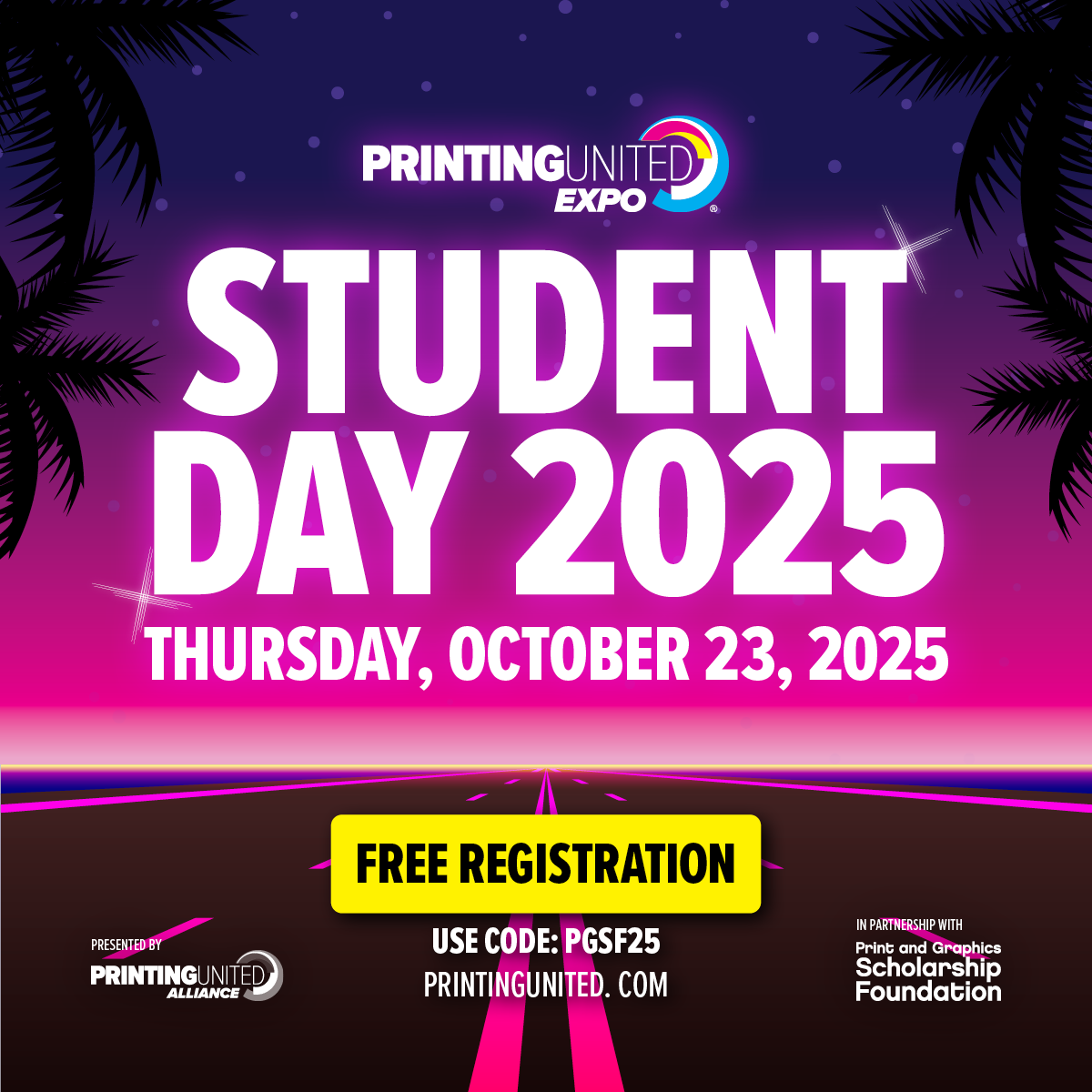 Student Day graphic with PRINTING United Expo logo and date with maroon background