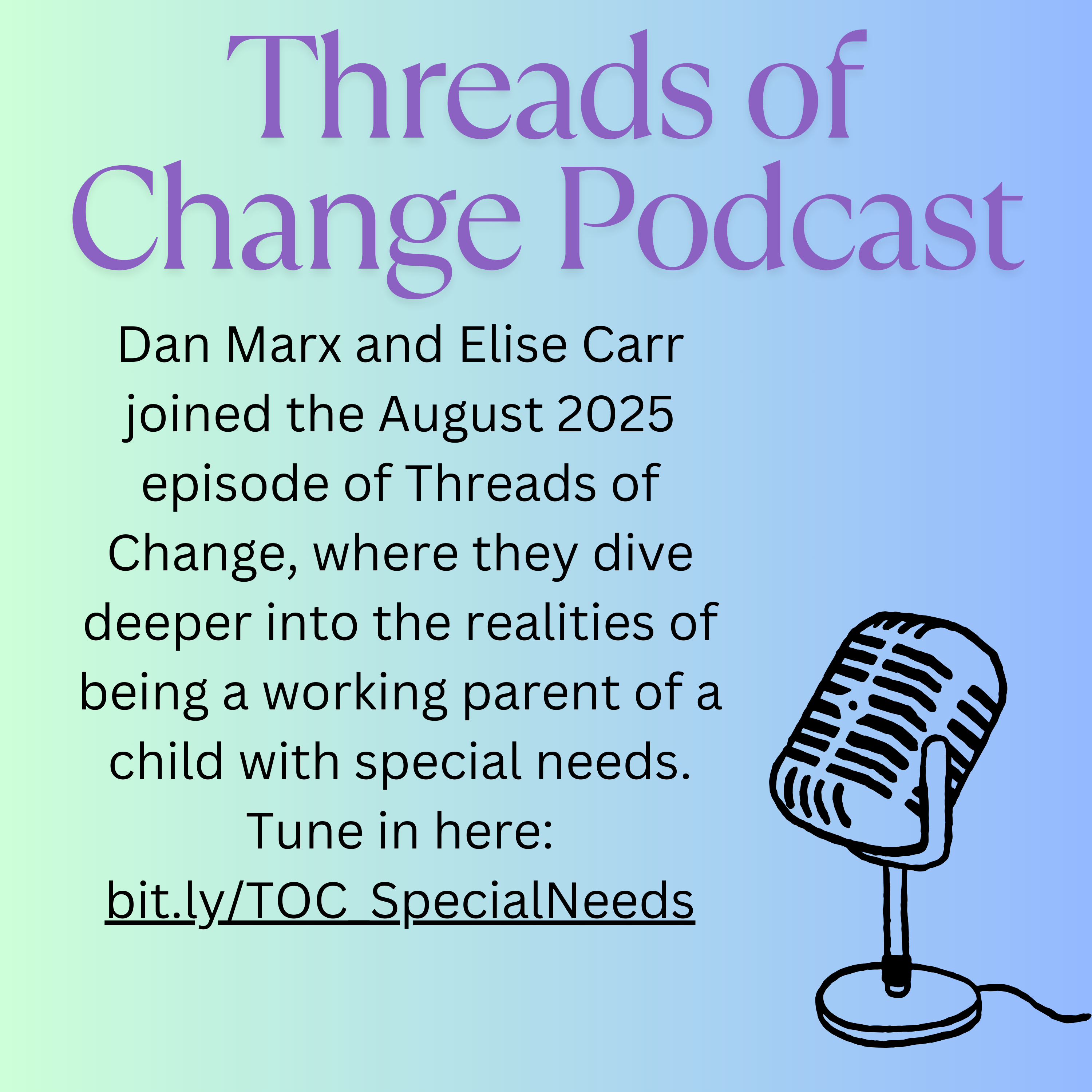 Threads of Change podcast graphic with a microphone and hyperlink to the podcast