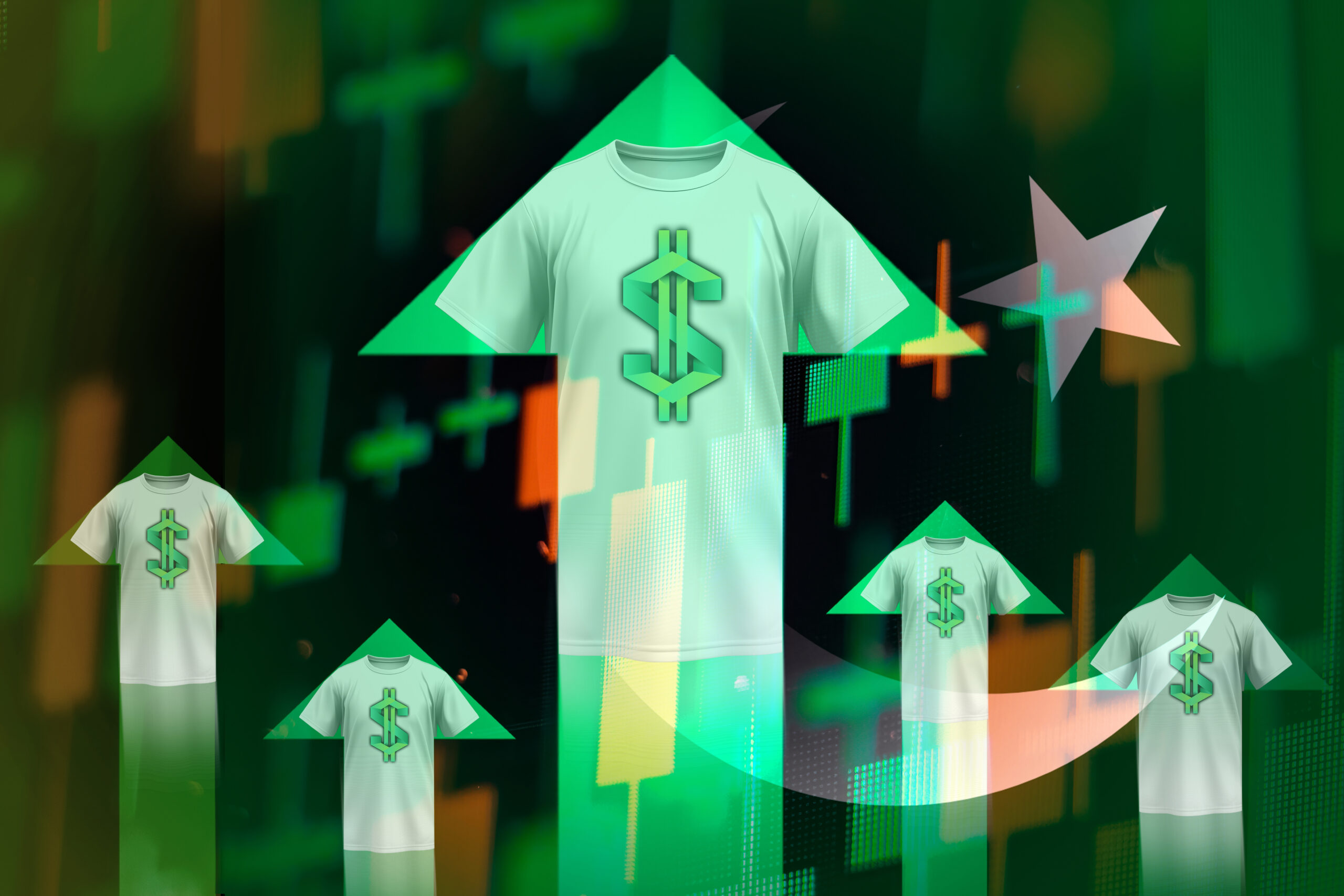 A graphic of T-shirts edited into arrows facing up with dollar signs on the design