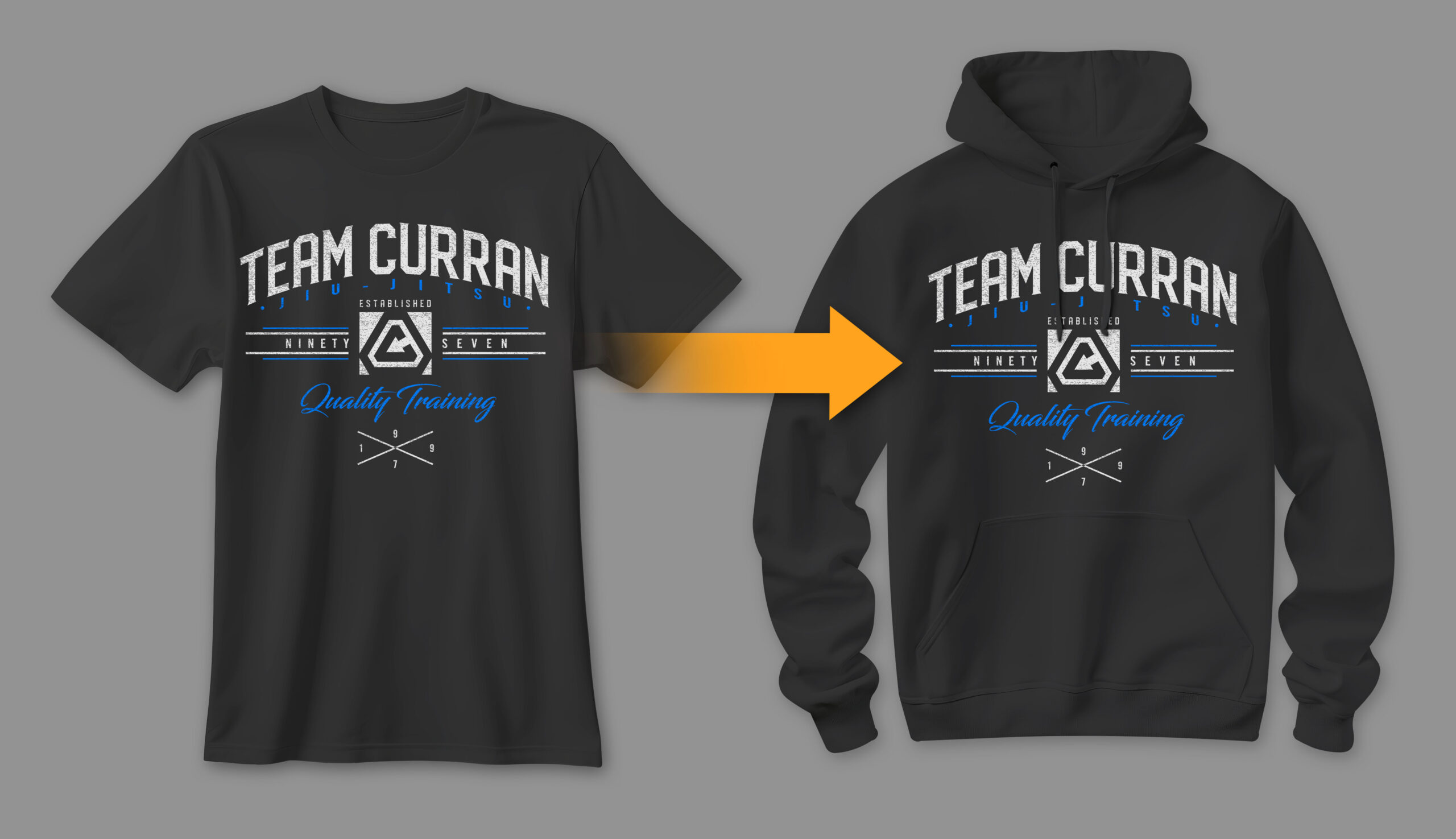 A black T-shirt with a design next to a black hoodie with the same design