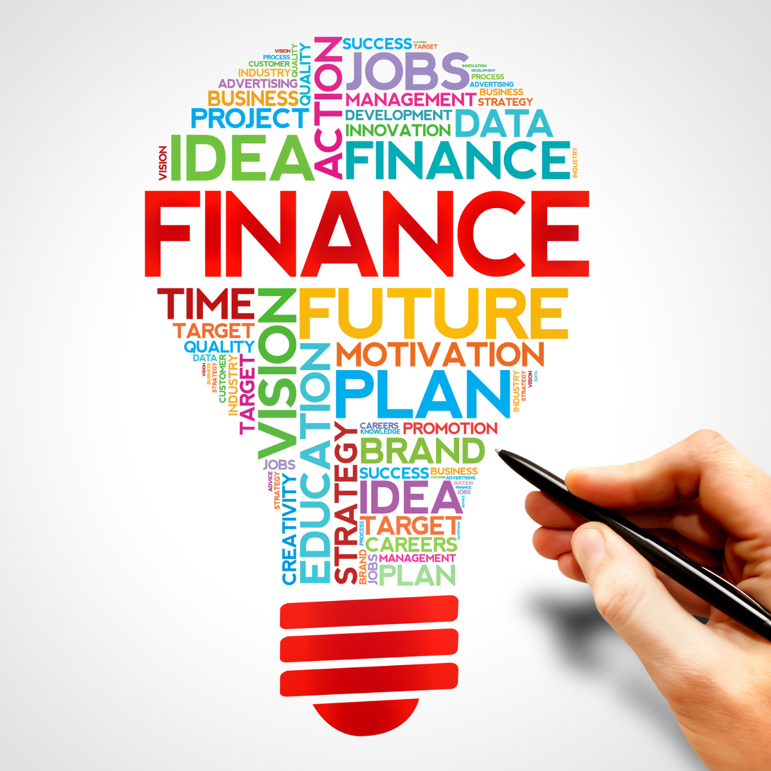 A word graphic using financial terms shaped as a lightbulb