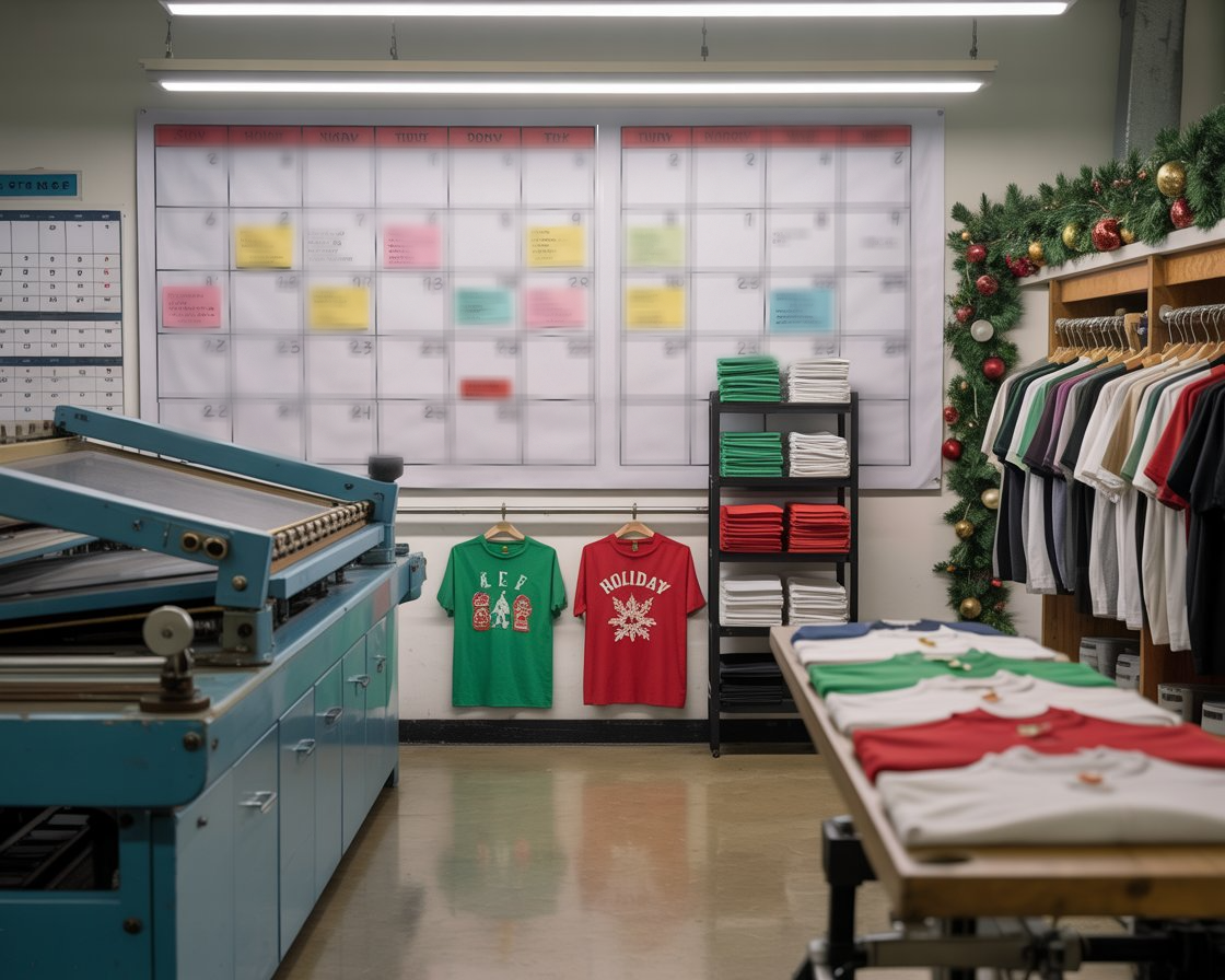 A huge calendar hanging on a wall with red and green T-shirts hanging on racks to the right and printing equipment to the left.