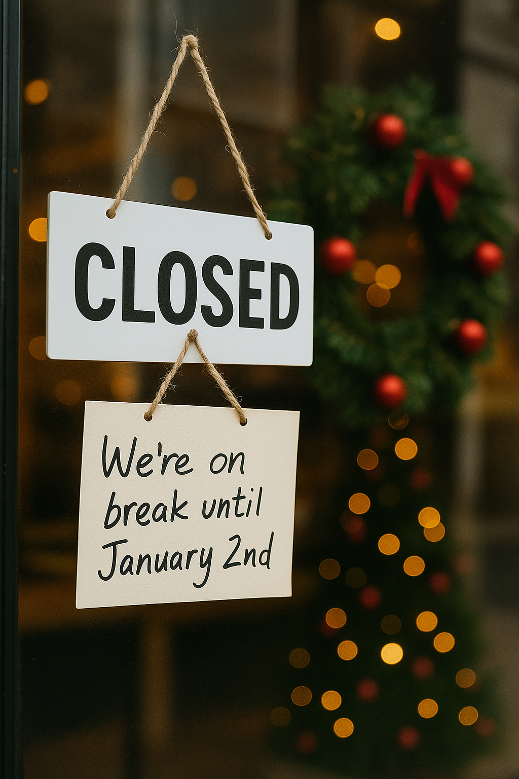 A Closed for the Holidays sign with Christmas tree in the background