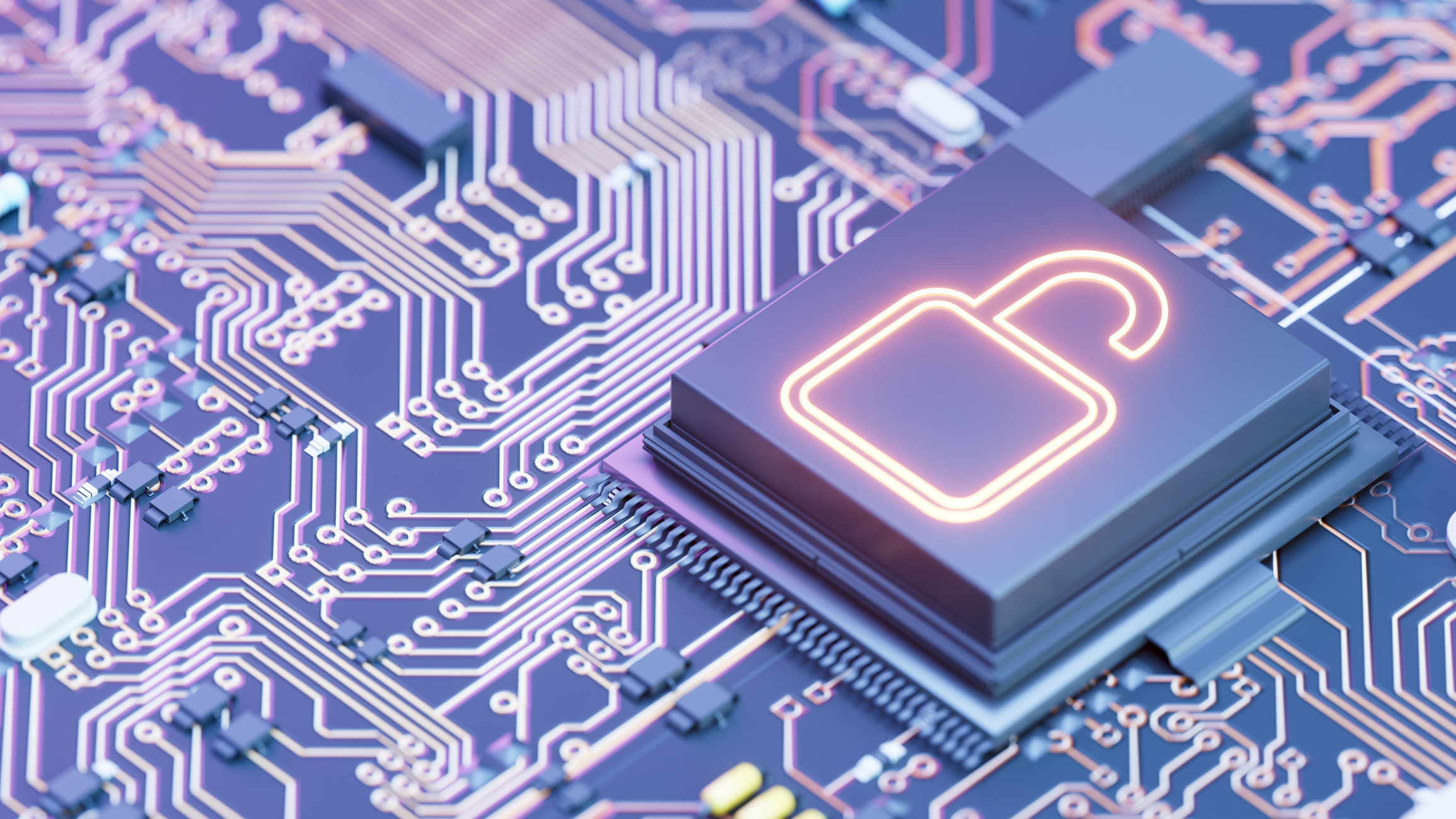 A blue, purple, and red graphic depicting cyber security using a lock image