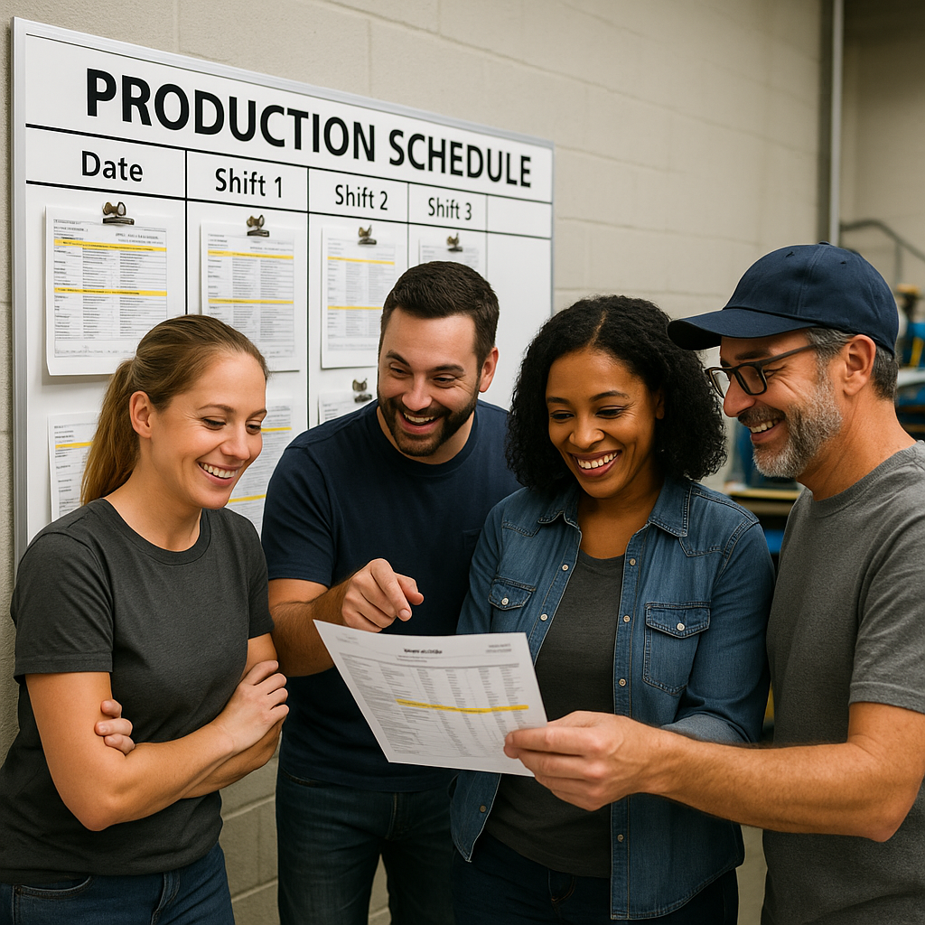 Four team members looking at a production sheet for Q4 preparation