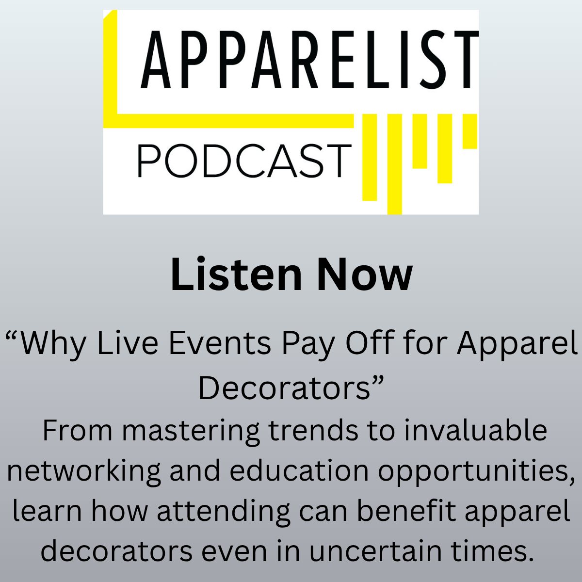 Graphic with Apparelist podcast logo and title of the episode