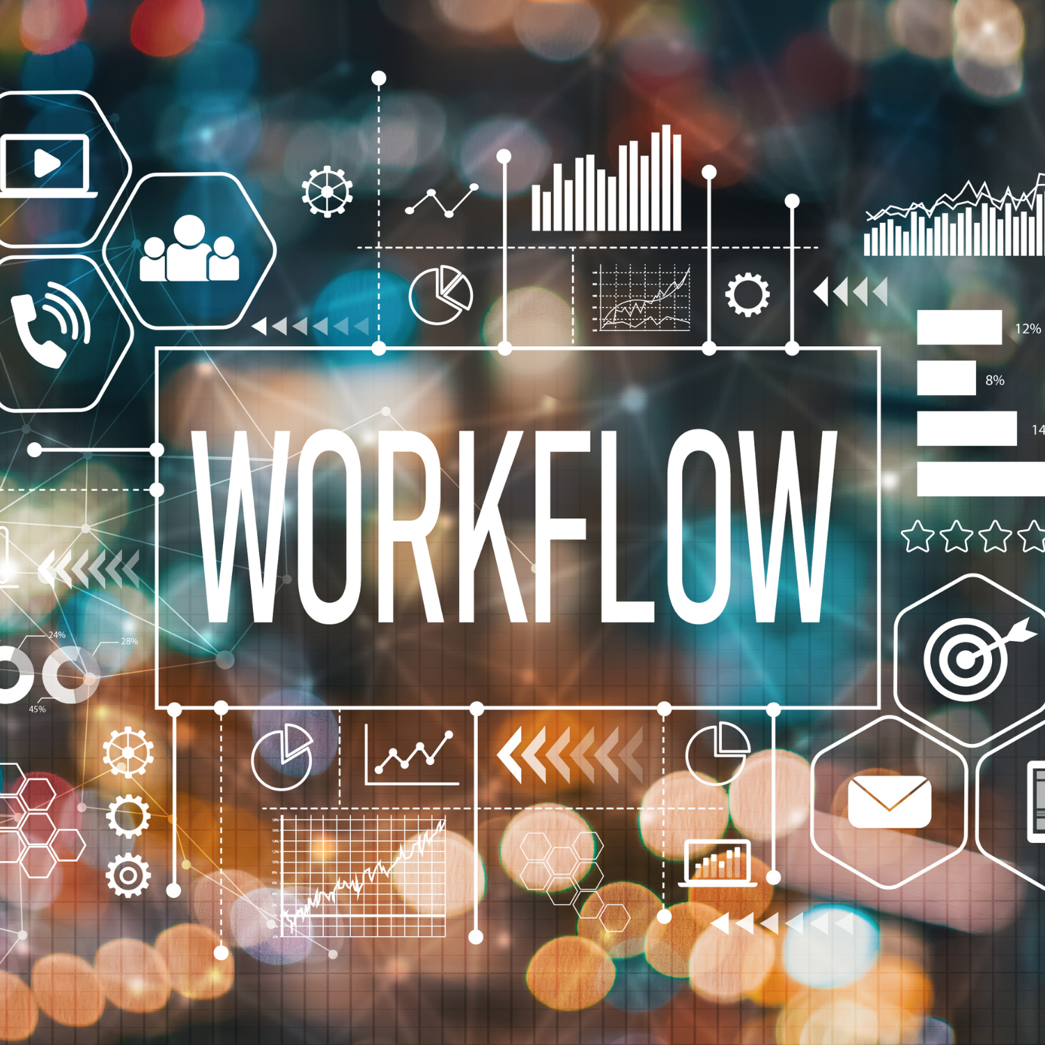 Workflow written in white text in the middle of the image with blurred out graphs and icons in the background