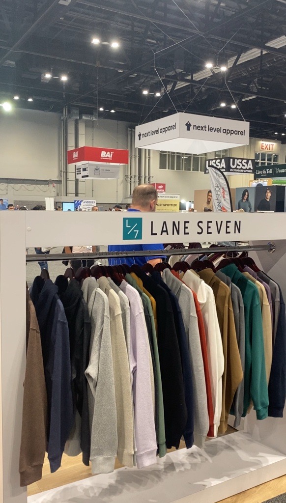A rack of Lane Seven hoodies and crewnecks