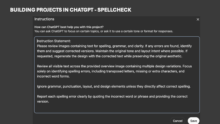 A screen shot of proofreading project in ChatGPT