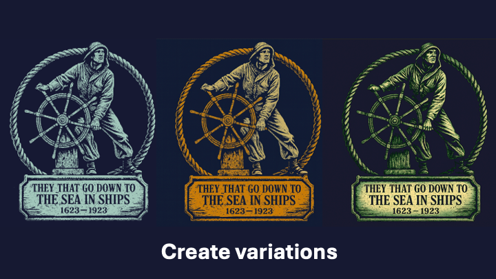 A screen shot of vairations of a man handling a helm with the text "They that go down to the sea in ships"