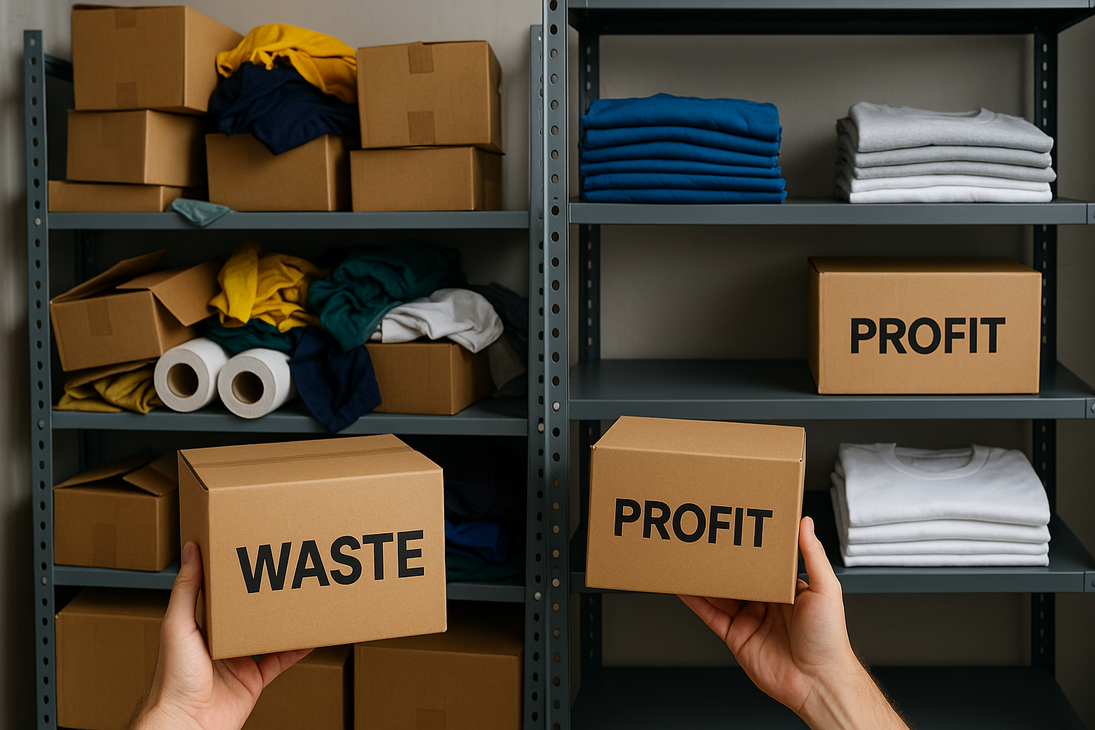 Person holding two boxes, one that says "waste" and the other that says "profit"