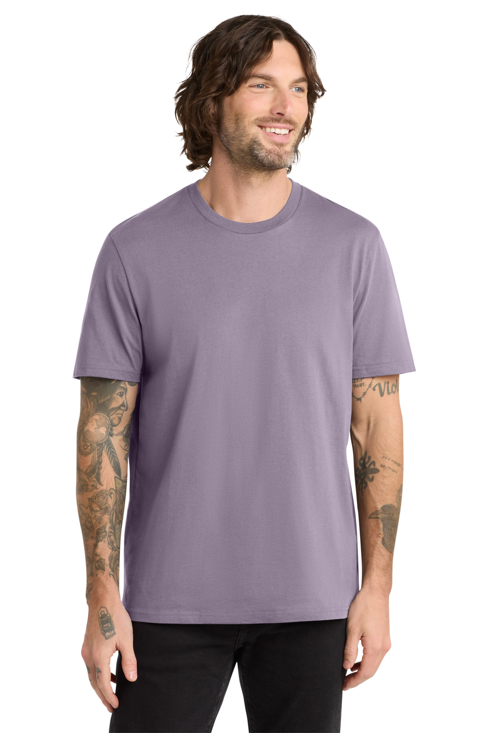 Male model wearing light purple T-shirt